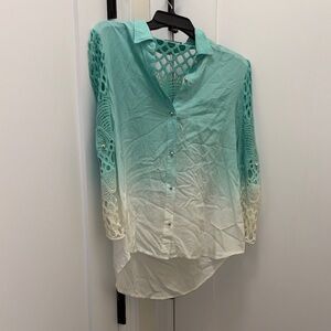 Pastels Teal Ombre Lace Sleeve Shirt